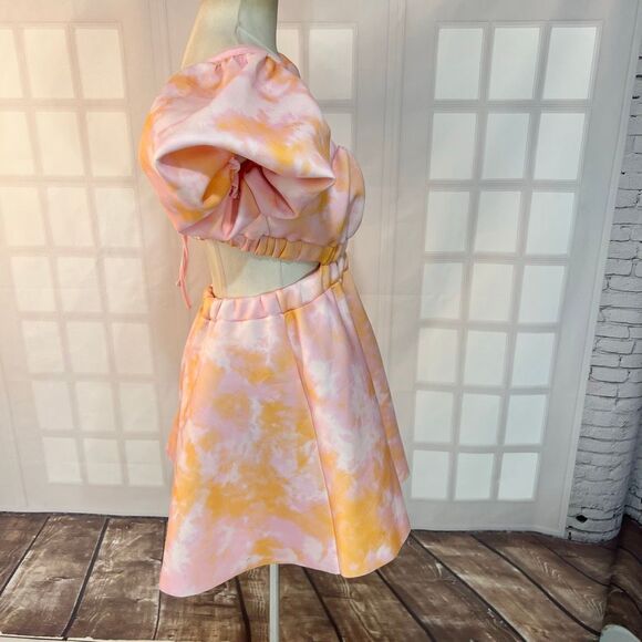 Asos NWT Pink Orange Bubble Smock Puff Sleeve Scuba Open Back Mini Dress Size 8 - Picture 4 of 10